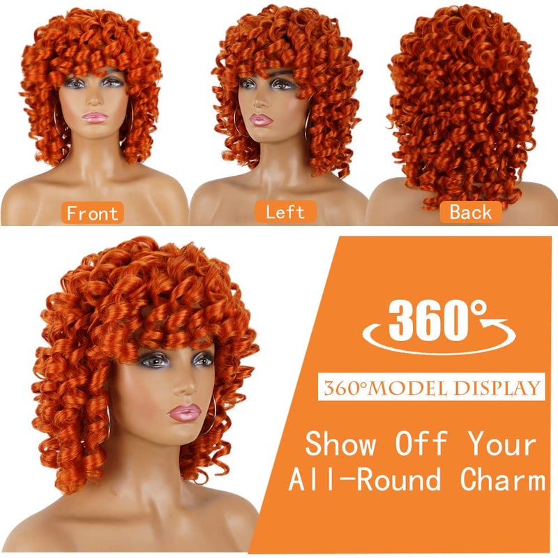 PHOENIXFLY Orange Curly Wigs for Black Women Short Curly Wigs for Women Curly Synthetic Hair Heat Resistant Hair Replacement with Wig Caps (Orange) - Image 2